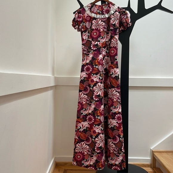 Vintage 60s Flower Power Maxi Dress Puff Sleeve Empire Waist Lace Multicolour S - Picture 2 of 6